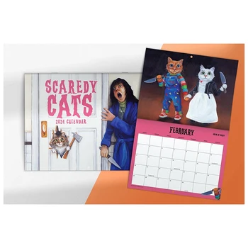1 БР Месечен календар Scaredy Котки в 2024 година, както е показано на фигура Размер 21x29 см, пародия на котката от филм на ужасите, стенен календар за 12 месеца
