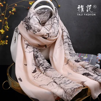 100% копринен шал Жена 2020 Hangzhou мек и елегантен копринен шал с участието на птици и дървета Hangzhou с дълъг принтом копринен шал жена