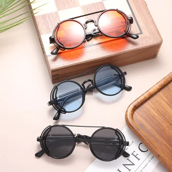 1БР Кръгли очила в стил Пънк-парни машини, Мъжки слънчеви Очила с Двойни кутия пролетта Висками, Модни Слънчеви очила са в готически стил, Очила с защита от UV400