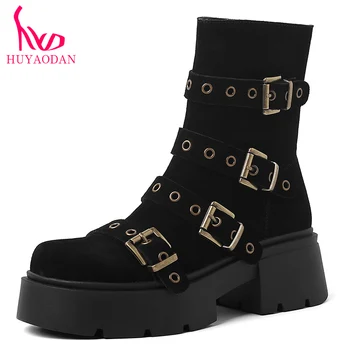 HUYAODAN INS 2023, Нова марка, обувки от естествена кожа на платформа и висок масивна ток, Жените ботильоны в стил пънк, черни ежедневни дамски обувки, Есен 39