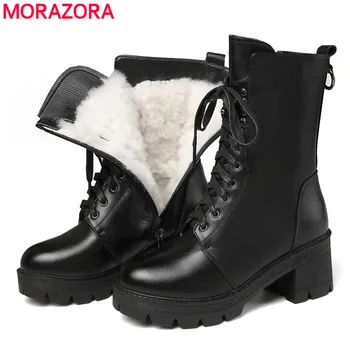 MORAZORA/ Лидер на продажбите, ботуши от естествена кожа, дамски зимни обувки на дебелите меху, женски мотоциклетни ботуши на платформа с шнур, обувки