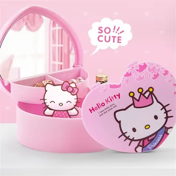Sanrio hello kitty сладък кутия за съхранение на анимационни бижута под формата на любов, огледало за гримиране, детски подарък