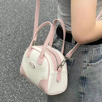 Xiuya Сладки, сладки дамски чанти от изкуствена кожа, розово-бяла Бостонская чанта през рамо, нова реколта елегантна чанта за боулинг