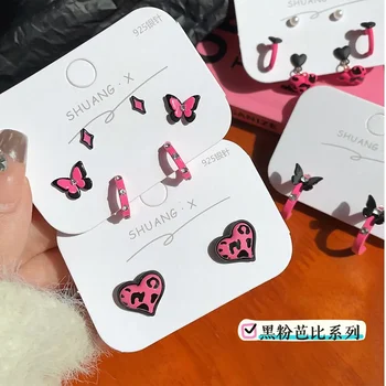Y2K Розово-черен Цвят Сърцето Лук Перлени обеци-карамфил Дамски Корейската мода Kpop Пеперуда Стръмни Обици За момичета Вечерни украса