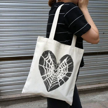 y2k Холщовая чанта с принтом паяжините в стил емо, ежедневни, голям капацитет, пънк, естетична, с цип, kpop, чанта за пазаруване, готическата ежедневни дамски чанта на рамото