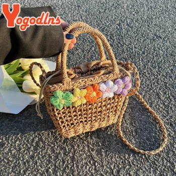 Yogodlns, Нова Дамска чанта, изработена от слама, Лятна Цвете Модни тканая чанта, Книжен въже, Куха Ежедневни Популярната чанта през рамо