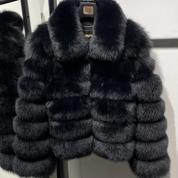 YOLOAgain 2023 Зимна топла черно яке от естествена лисьего кожа Дамско палто с отложным яка от лисьего кожа на Дамски връхни дрехи