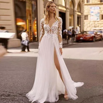 Бели секси дантелени сватбени рокли в стил бохо с отворен гръб 2023, с висока цепка, от мек тюл с дълъг ръкав, летни плажни сватбени рокли, рокли за булката