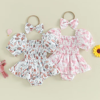 Великден дрешки за малки момичета Pudcoco, Летни дрехи за бебета, Дрехи-плъзгачи с кроличьим принтом, къс ръкав трапецовидна форма, обогатяване с лък, 0-18 м