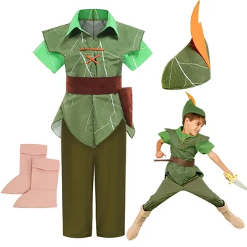 Детски костюм на Питър Пэна за cosplay, Зелен Елф, облекло елфи, рокля на принцеса Тинкербелл, калници, костюми за Хелоуин за момичета и момчета