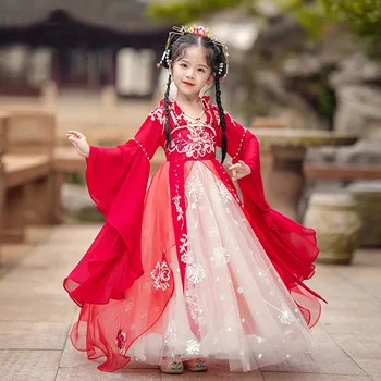 Древнекитайский костюм за момичета, традиционната рокля фея на династията Тан, екипировки Hanfu за деца, елегантни дрехи за изпълнения на династия Хан