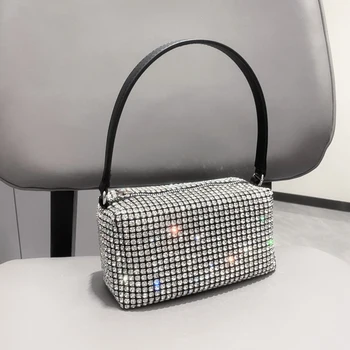 Дръжка Вечерна дамска чанта с кристали, сребърни Кристални Дрънкулката, Чанти с горната дръжка за жени, Портмонета и чанти, Луксозна дизайнерска дамска чанта