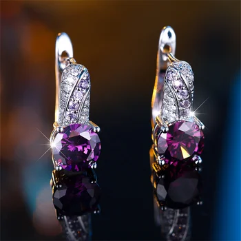 Елегантни Сладки обеци-халки с родимым камък, сватбени обици сребро в стил бохо, лилав кристал, Малки обеци с кръгла камък за жените в подарък