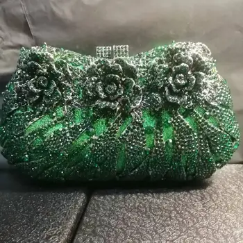 Женски мини-чанти-клатчи с цветя и рози и камъни, дамски вечерна дамска чанта, кристална сватба в чантата си и чанта за сватбени партита, Зелена чанта Minaudiere