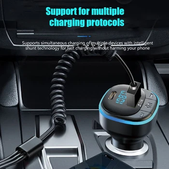 Зарядно устройство за Бързо зареждане на USB Type C зарядно за Кола за телефон FM предавател с микрофон запалката MP3 Музикален плеър, Bluetooth 5.0