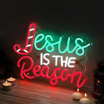 Исус е Причината Неонова реклама Коледно Led Лампа С Подсветка Стенно Художествено Украса Неонова Светлина, Захранван от USB за Церемонията Парти Бар Дома