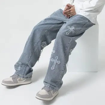 Корейската версия на Y2k, дънки с появата на стикер на Главната улица, мъжки дънки в стил хип-хоп, Планктон, Shuai, Печено улица, права тръба, Свободни широки панталони