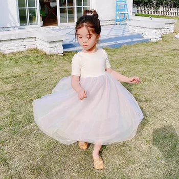 Лятна рокля с къси ръкави за момичета от 2021 г., памучни детски рокли с розови светлина, бебешки дрехи за бала в корейски стил с появата на облегалката