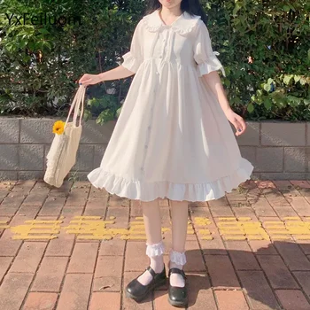 Лятно дамско бяла рокля в японски стил Лолита 2021, свободно рокля с яка 
