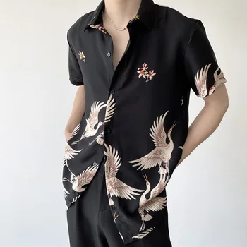 Лятото на 2022, корейски стил, ризи с принтом под формата на птиците, ежедневните свободни ризи с принтом за мъже, размер M-XL