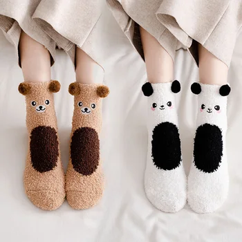 Меки, пухкави чорапи, флисовые чорапи със собствени мультяшными животни, женски зимни чорапи, ежедневни чорапи за сън с Мече и котка, Модни Домашни чорапи за секс