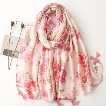 Модерен женски Розов цветен шал с пискюли, дизайнерски шал с принтом, Меки и дълги дамски тайна от pashmina, шалове от кепър лента през мюсюлманин новости.