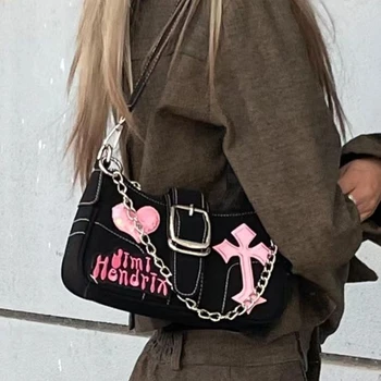 Модни сладки стръмни чанта през рамо за момичета Y2k, однотонная дамска чанта с верига-пеперуда, женствена чанта под мишниците, дамски чанти, изкуствена кожа, портфейл