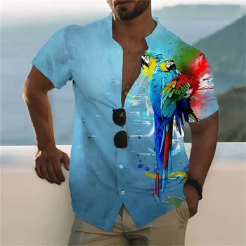 Мъжка риза с 3D принтом папагал, Хавайски плаж почивка, Къс ръкав, на ревера, Върхове Оверсайз, мъжки дрехи, ежедневни Camisa