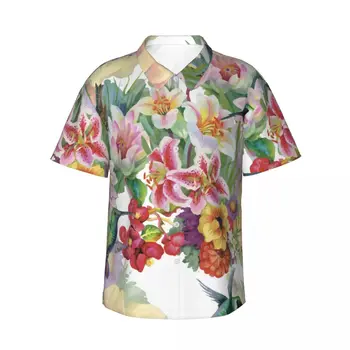 Мъжка риза с къси ръкави и акварел с тропически цветя, колибрисом и цветя, ежедневни плажно облекло, индивидуални върхове