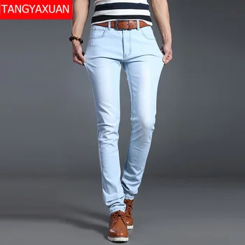 Мъжки ластични стегнати дънки, мъжки дизайнерски маркови суперэластичные прави панталони, дънки Slim Fit, модни дънки за мъже, сини