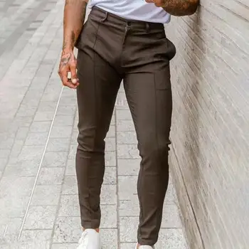 Мъжки панталони приталенного намаляване със средна талия, меки, тънки мъжки панталони с наклонени джобове и цип копчета дължина до щиколоток, мъжки бизнес и дълги панталони