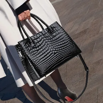 Нова висококачествена чанта от естествена кожа с блестящ дизайн крокодилска кожа за пътуване до работа, чанта през рамото си, през рамо