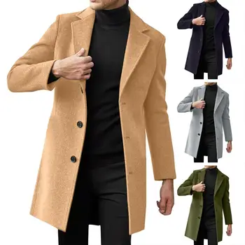 Однотонное Мъжки палта, Стилни Вълнени палта със средна дължина за мъже с яка-лацканом, Однобортный дизайн, Странични джобове, Зима