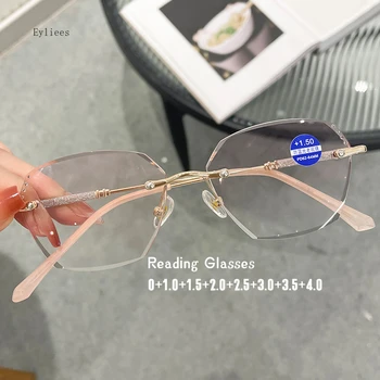 Очила за четене нов стил с диаманти, Луксозен дизайн, дамски очила за старческо наклон розов цвят, Квадратни очила за далечния преглед от 0 до + 4.0