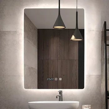 Правоъгълно огледало за баня с индукция на човешкото тяло + Bluetooth + 3 цветни СВЕТОДИОДА + Димер + Защита от замъгляване + Показване на време/температура Тоалетен огледало