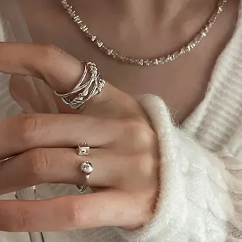 Пръстен от сребро с геометричен модел Прост дизайн Персонализирани Универсален пръстен с отворен пръст в стил студена светлина Геометрични тип