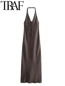 ТРАФИКА на Y2k Дамско модно рокля Миди с V-образно деколте, без ръкави, дантела, с отворен гръб, Ежедневни тънки рокли, Vestidos 2023, Есен