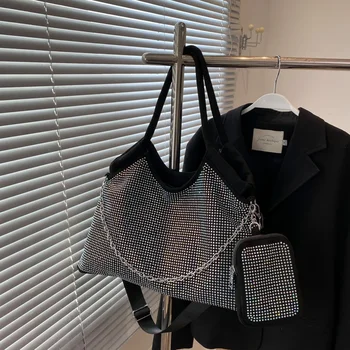 Усъвършенстван дизайн с диаманти, чанти за едно рамо, модерна чанта-тоут Голям капацитет, есен-Зима, нова проста модерна чанта през рамо на веригата