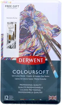 Цветен молив Derwent Coloursoft, 1 брой (опаковка от 1), многоцветен, 12 цвята, първокласно качество, наситен пигмент, равномерен слой крем.